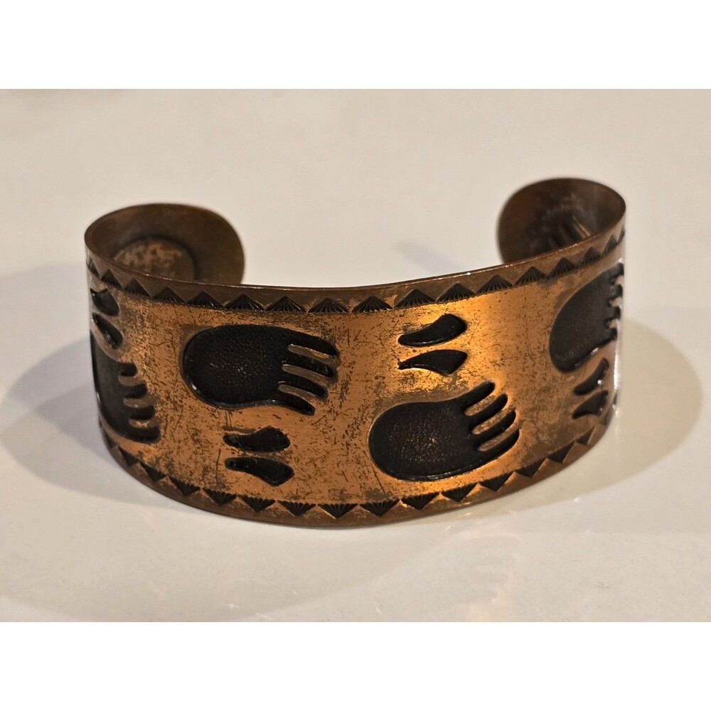 Vintage Solid Copper Bear Paw Print Wide Cuff Bracelet Southwestern Boho 1385